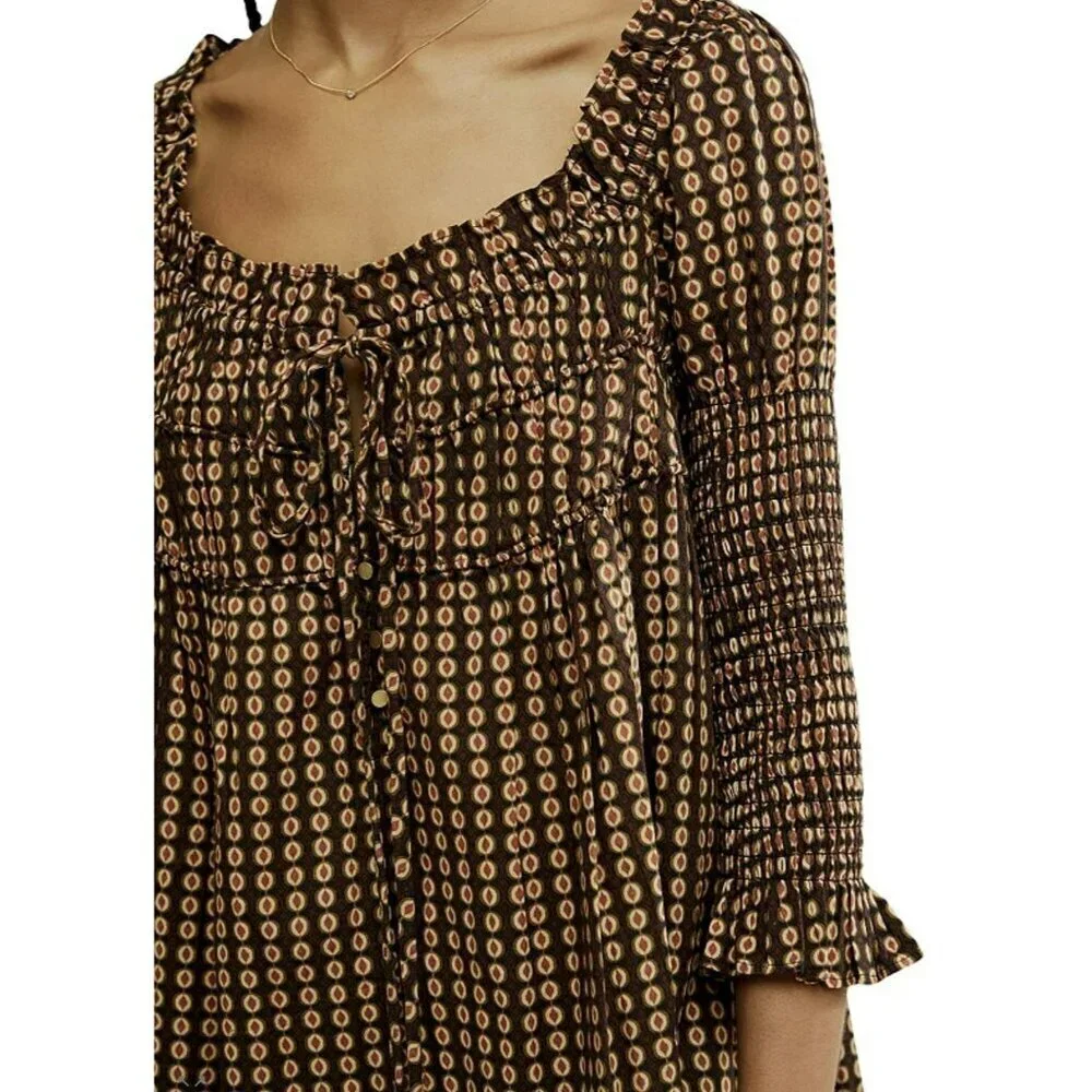 Free People Star Dip Smocked Back Babydoll Mini Dress Small NWT